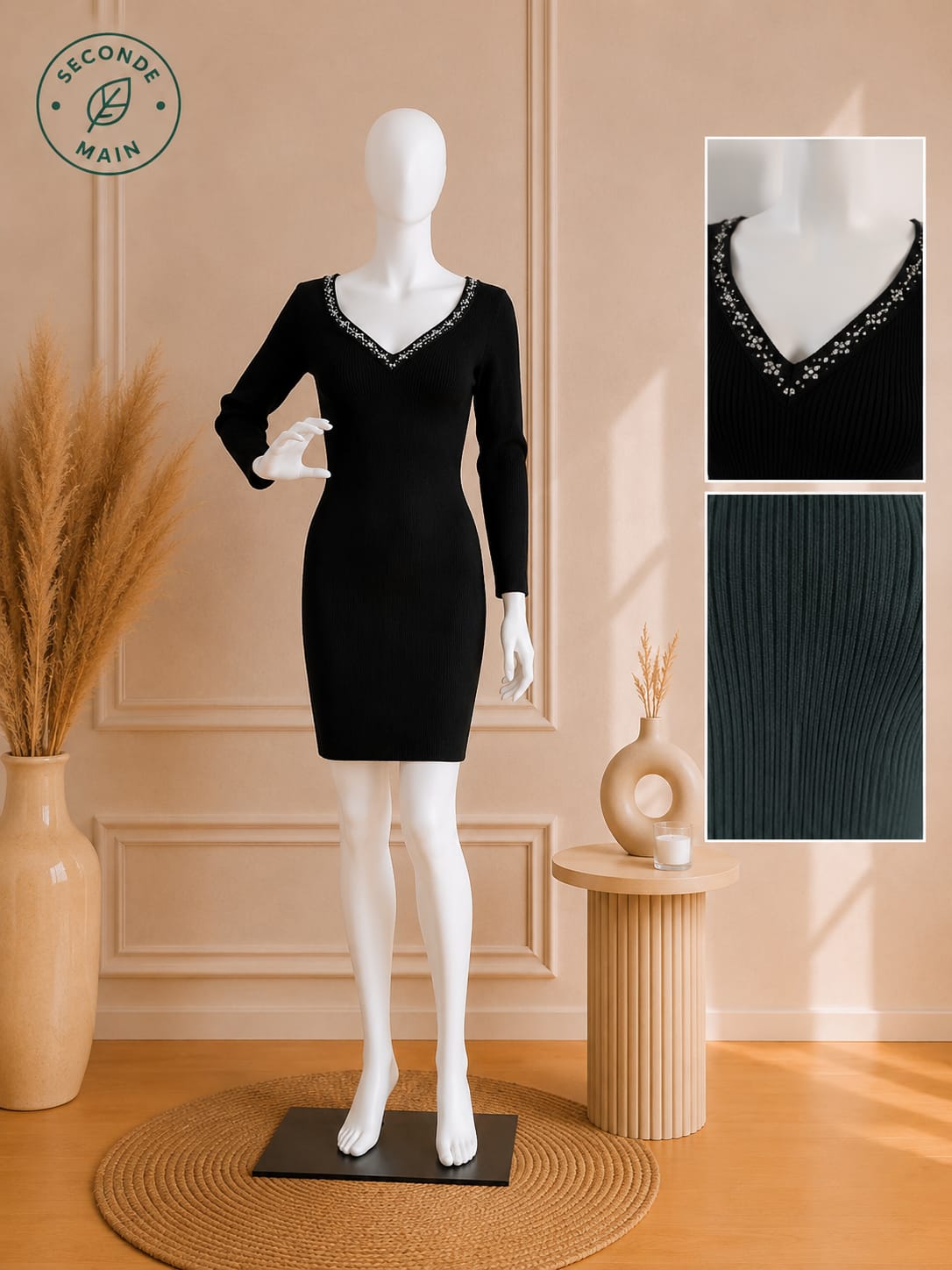 Robe Sandro noire en maille côtelée - Taille 36